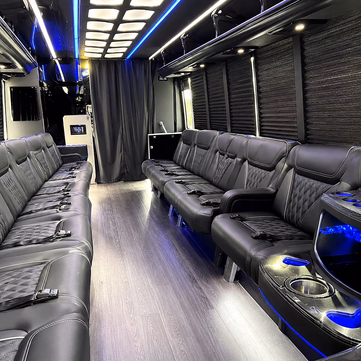 Interior of a party bus rental serving Huntington Beach