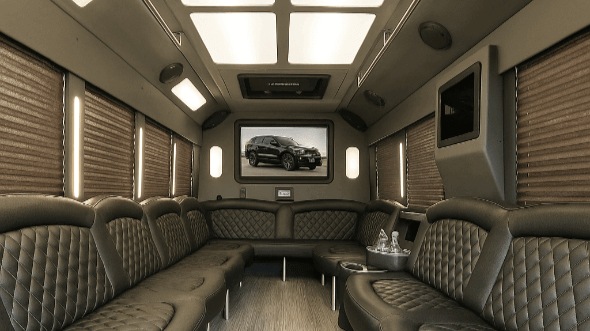 Interior of Charter Bus Company Orange's 50 Passenger Party Bus in Orange